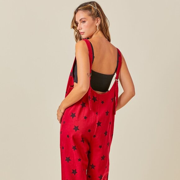 RED & BLACK Star Print One-Piece College Pro Fan GAMEDAY DENIM Onesie Jumpsuit - Picture 4 of 11